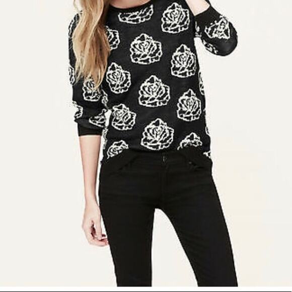 Women’s LOFT Black White Rose Print Sweater Size M – $70 - Picture 1 of 4